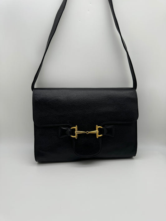 Authentic GUCCI Vintage Horsebit Black Leather Shoulder Bag