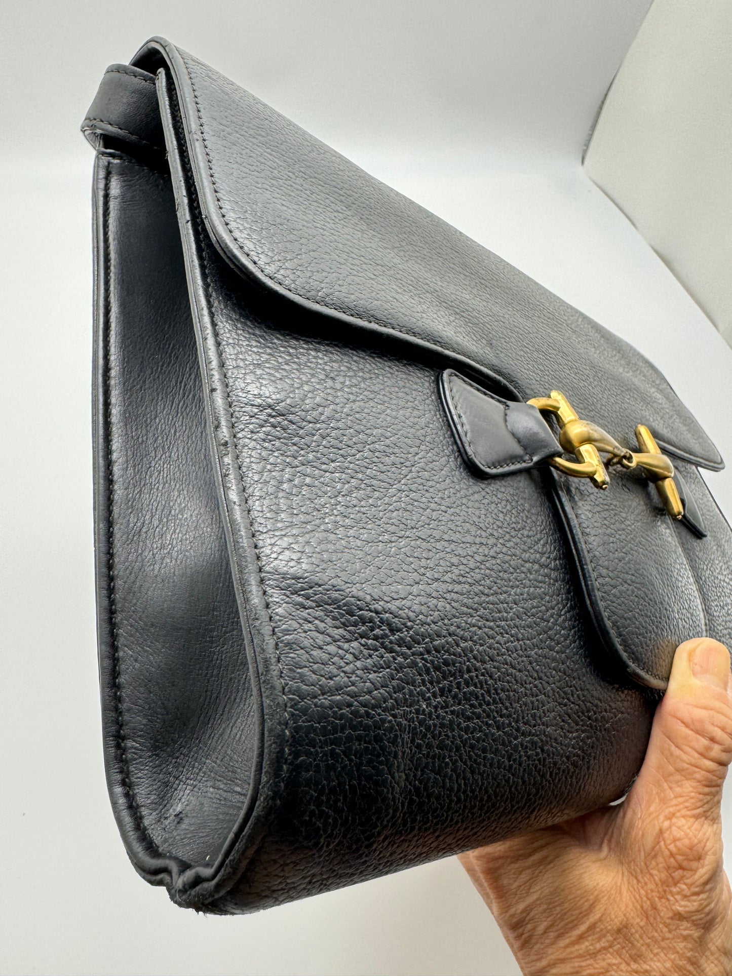 Authentic GUCCI Vintage Horsebit Black Leather Shoulder Bag
