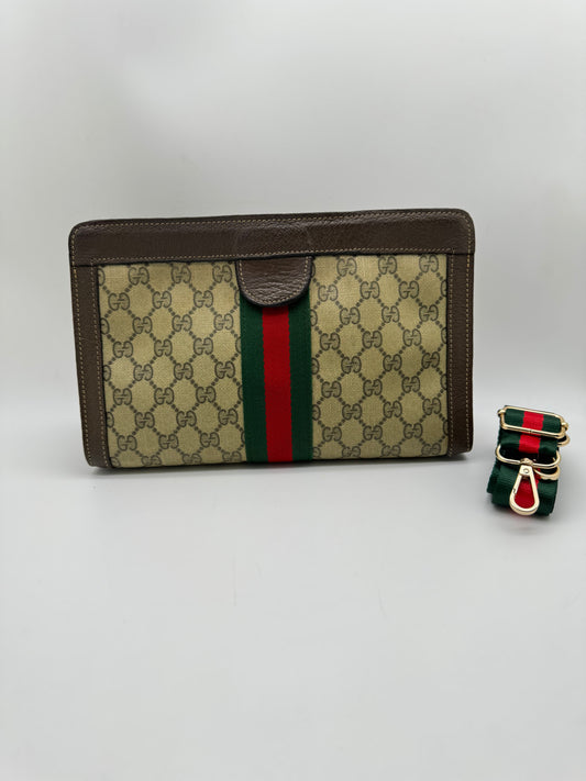 Authentic GUCCI Clutch Brown Monogram Added Strap Shoulder Crossbody Bag