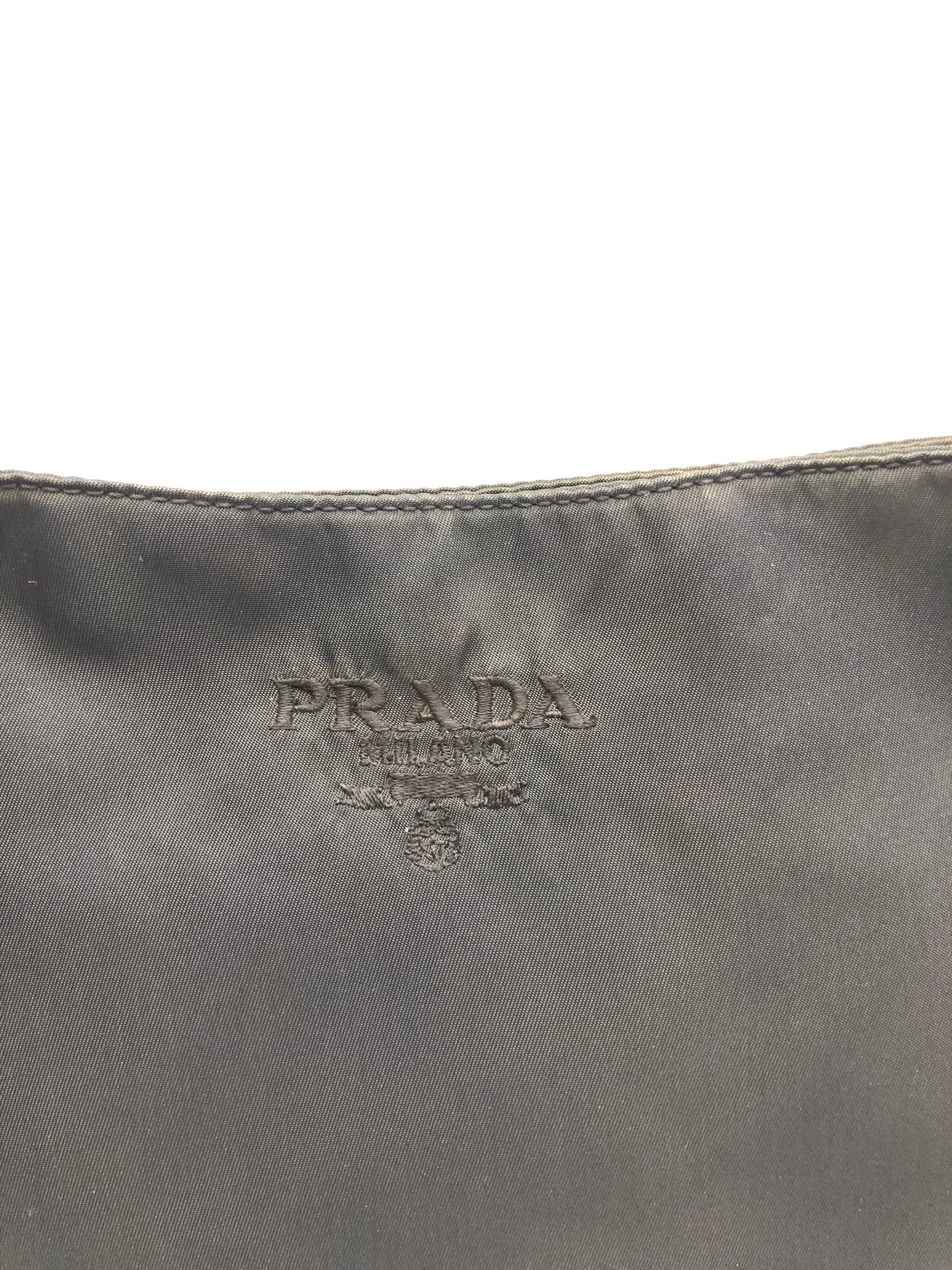 Authentic Prada Charcoal Black Nylon Brown Acrylic Chain Strap Shoulder Bag