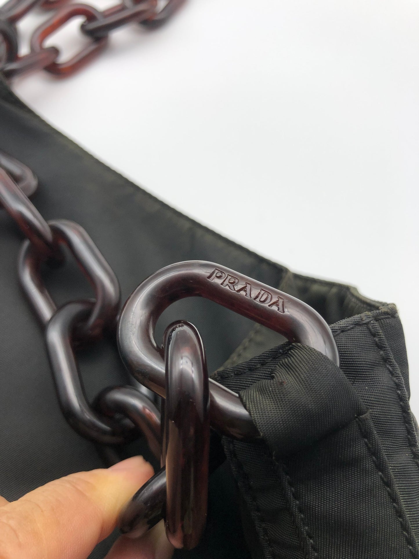 Authentic Prada Charcoal Black Nylon Brown Acrylic Chain Strap Shoulder Bag
