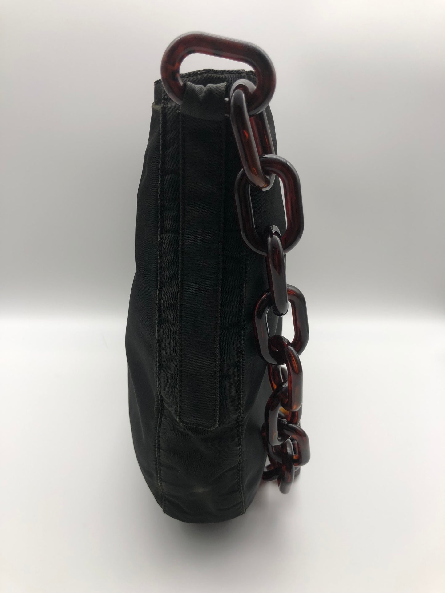 Authentic Prada Charcoal Black Nylon Brown Acrylic Chain Strap Shoulder Bag