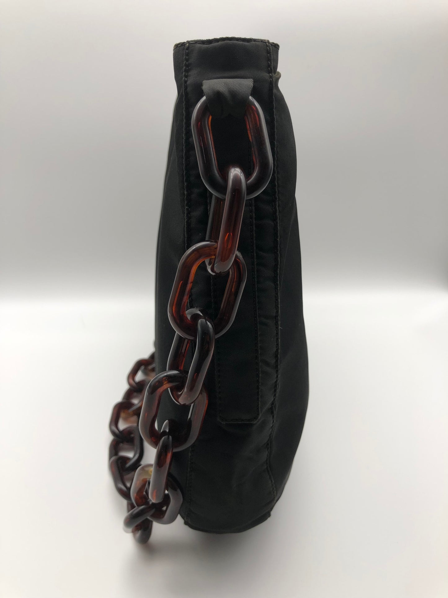 Authentic Prada Charcoal Black Nylon Brown Acrylic Chain Strap Shoulder Bag