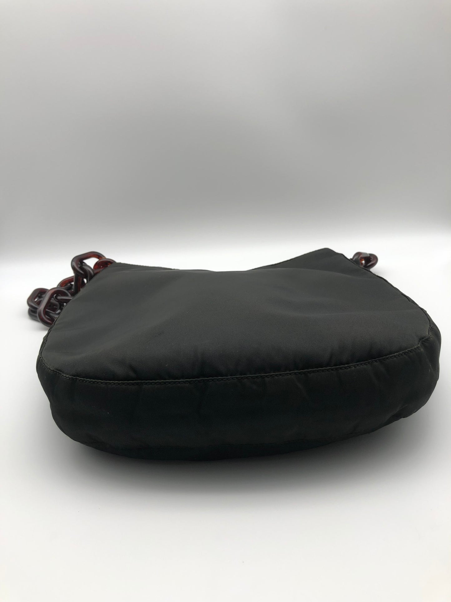 Authentic Prada Charcoal Black Nylon Brown Acrylic Chain Strap Shoulder Bag