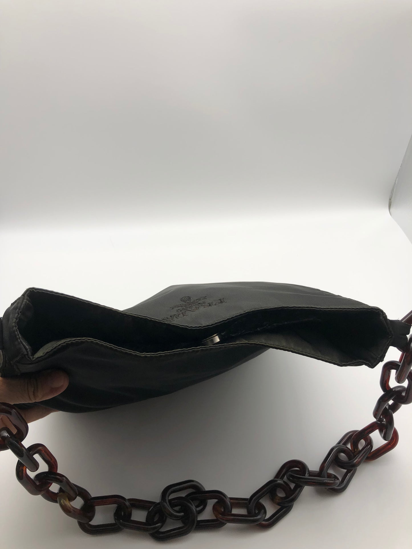 Authentic Prada Charcoal Black Nylon Brown Acrylic Chain Strap Shoulder Bag
