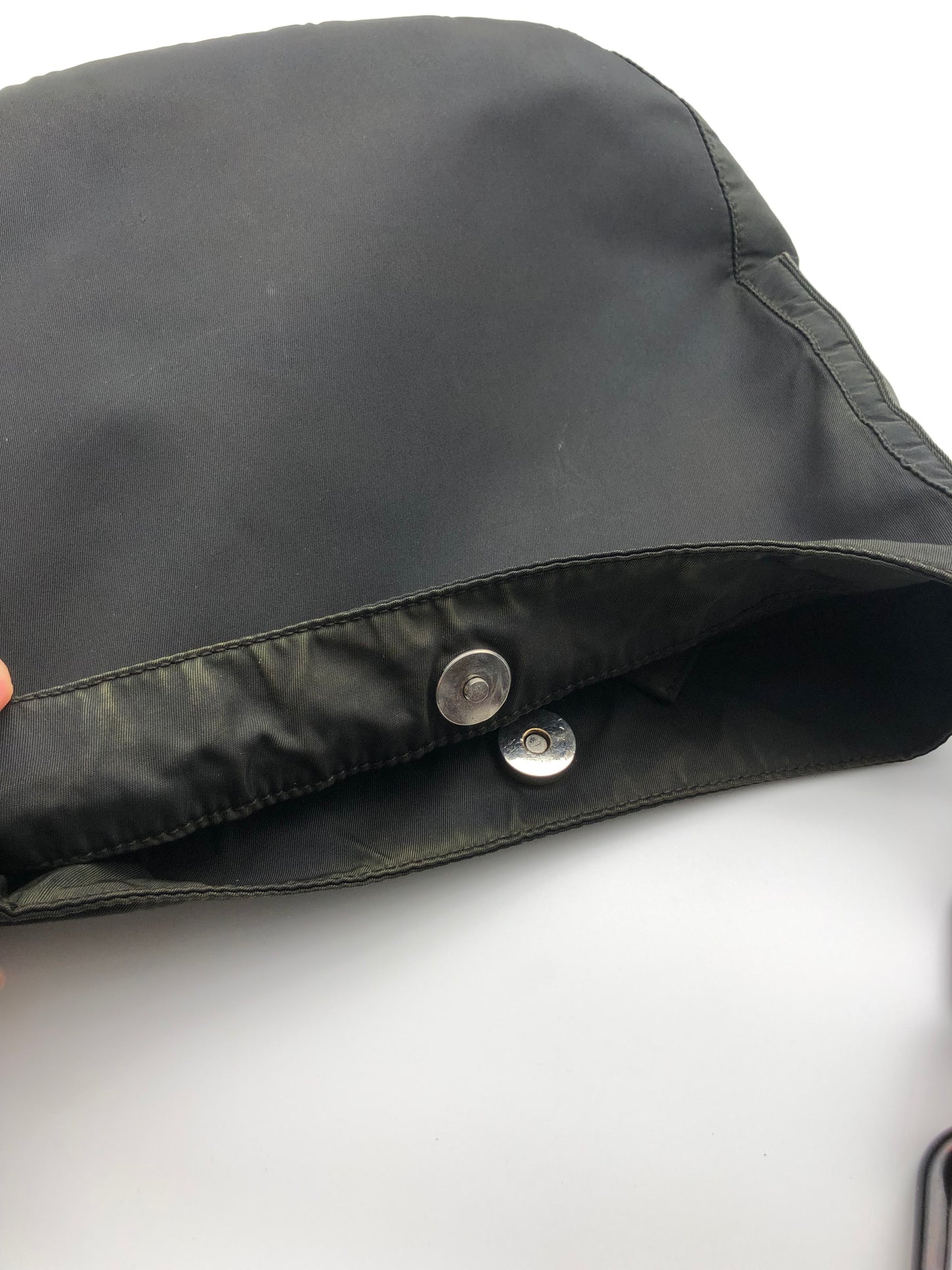 Authentic Prada Charcoal Black Nylon Brown Acrylic Chain Strap Shoulder Bag