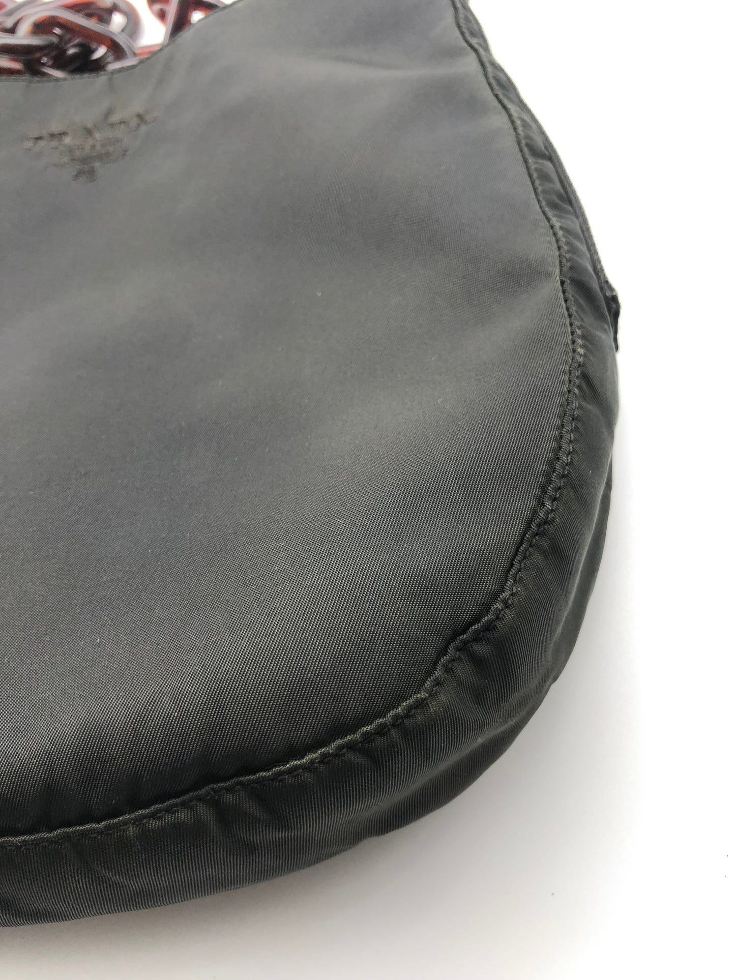 Authentic Prada Charcoal Black Nylon Brown Acrylic Chain Strap Shoulder Bag