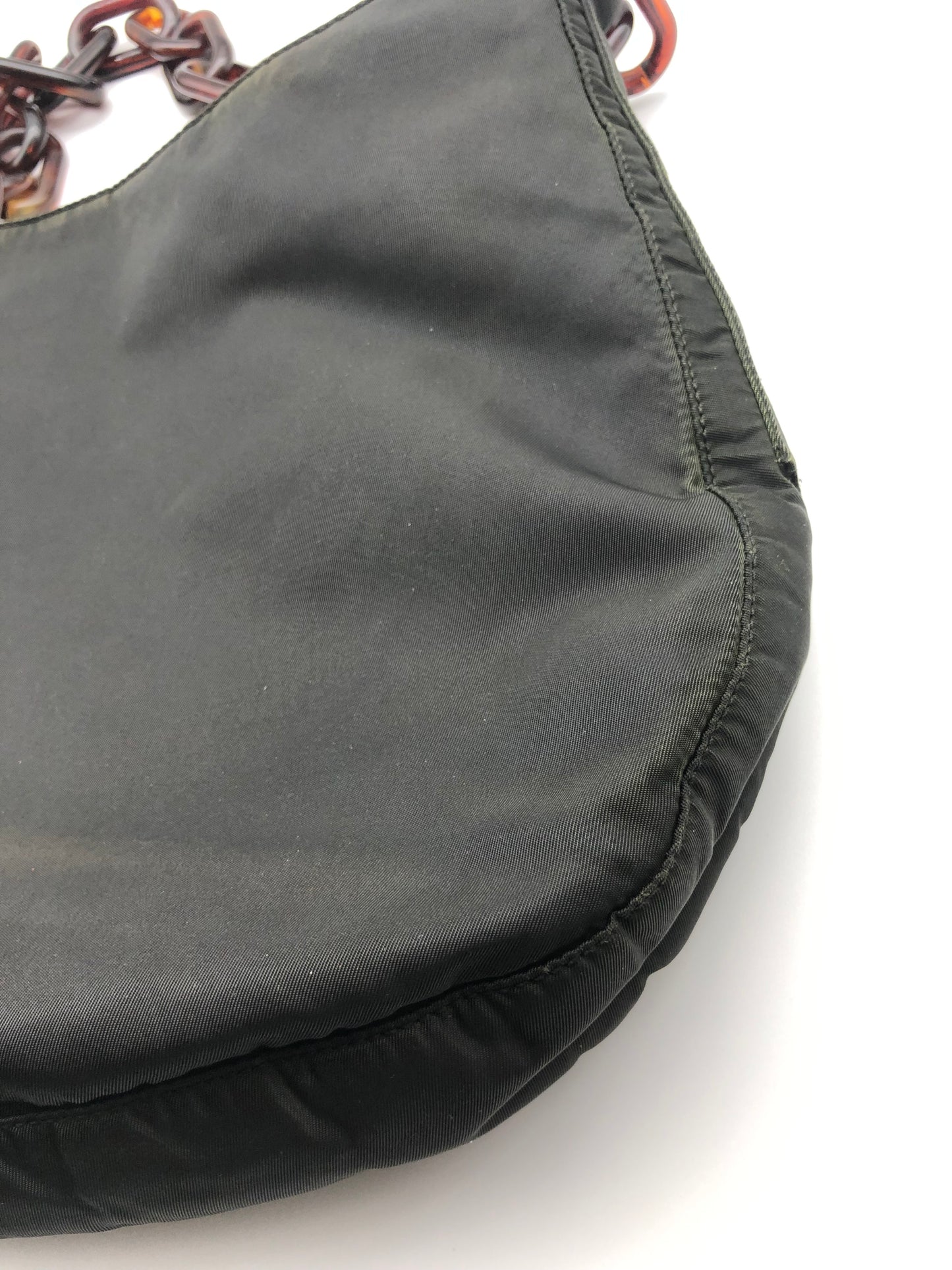 Authentic Prada Charcoal Black Nylon Brown Acrylic Chain Strap Shoulder Bag