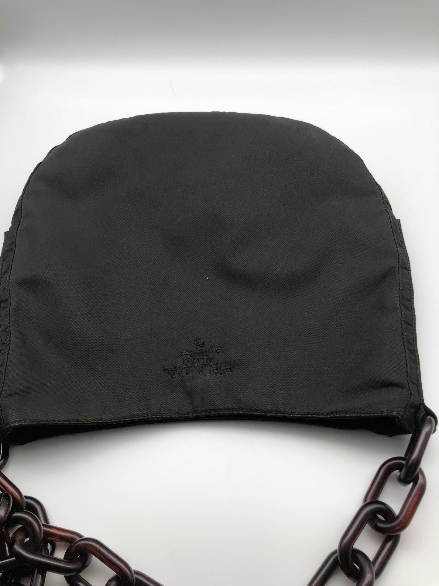 Authentic Prada Charcoal Black Nylon Brown Acrylic Chain Strap Shoulder Bag