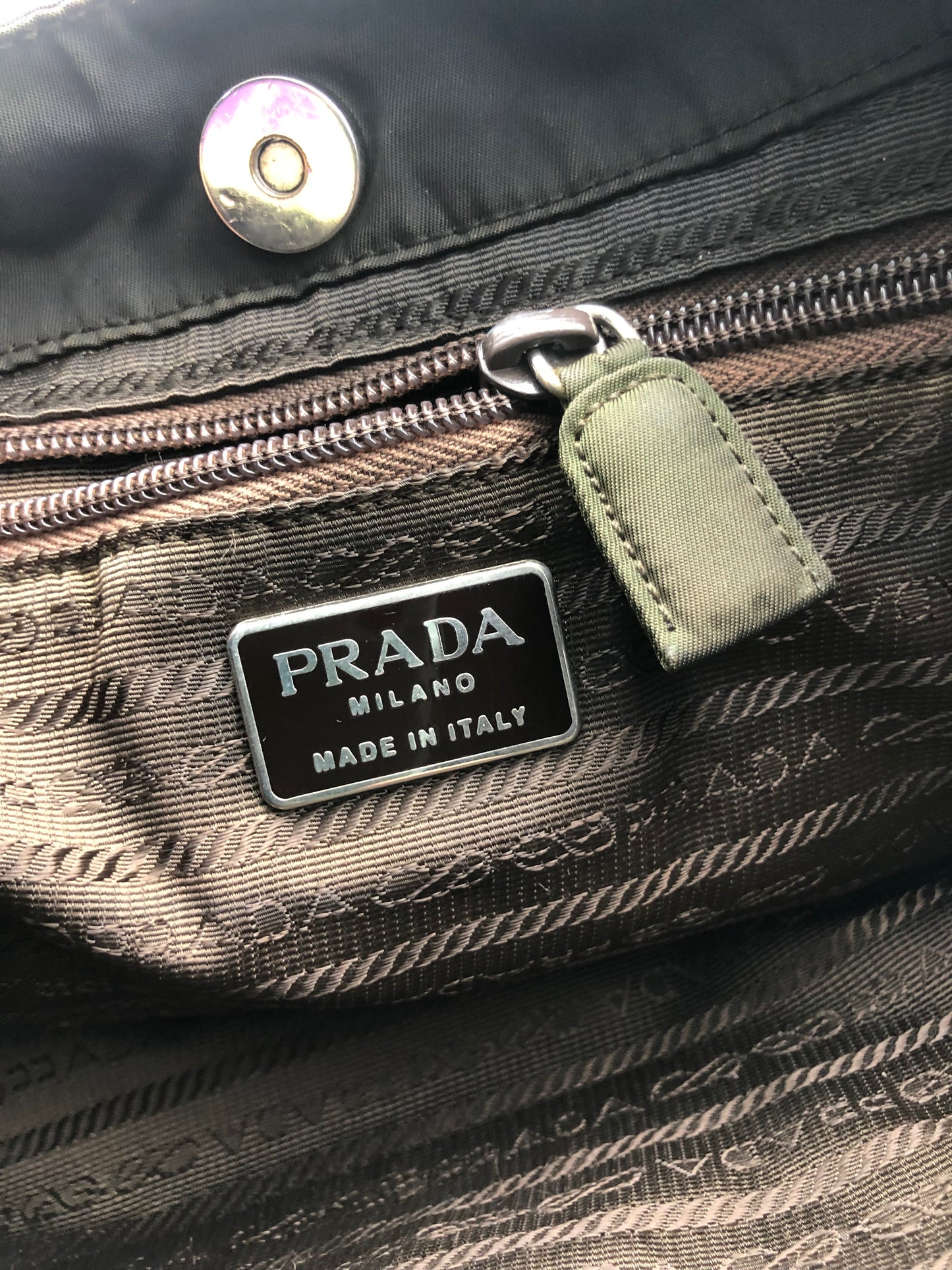 Authentic Prada Charcoal Black Nylon Brown Acrylic Chain Strap Shoulder Bag