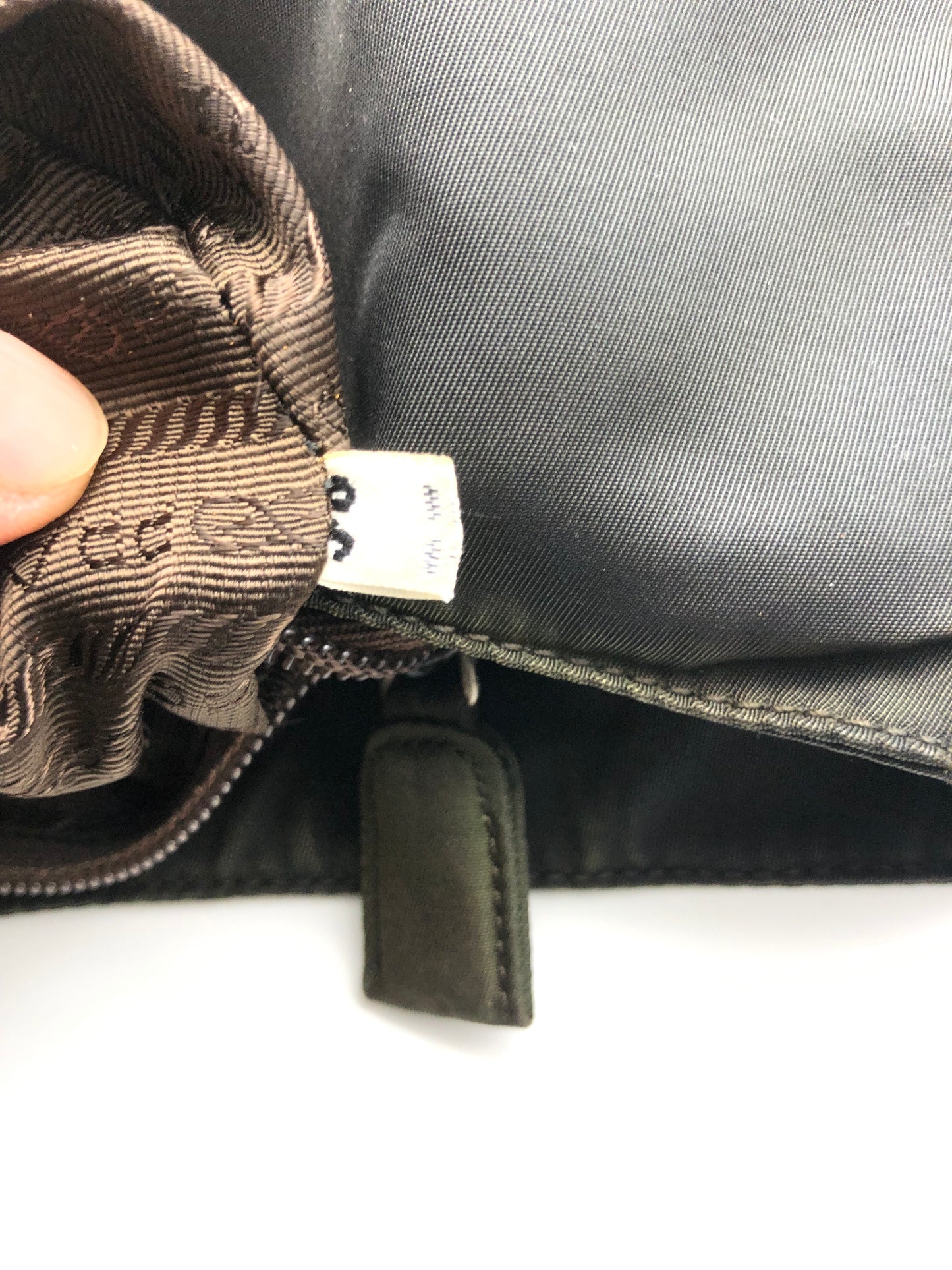 Authentic Prada Charcoal Black Nylon Brown Acrylic Chain Strap Shoulder Bag
