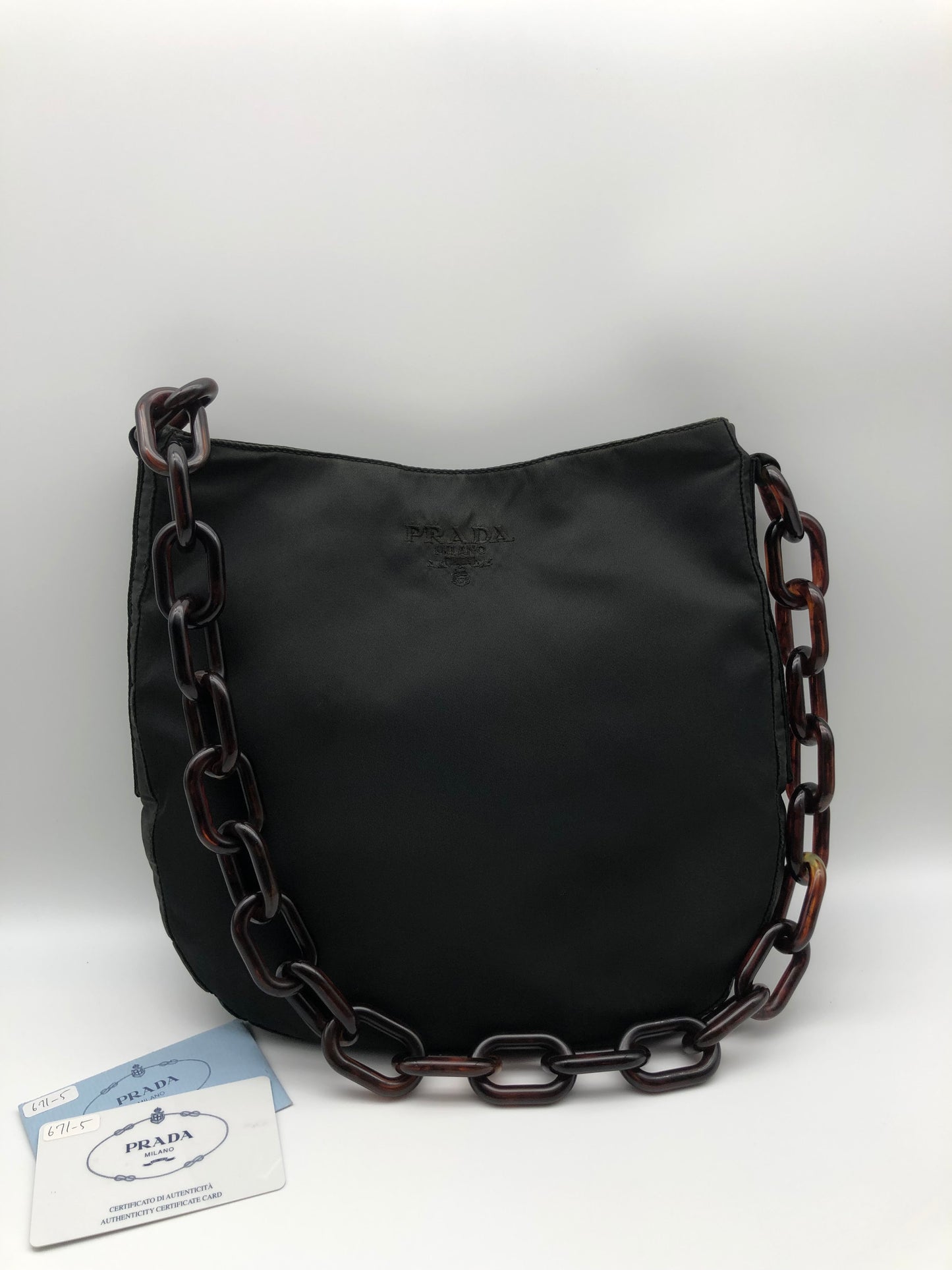 Authentic Prada Charcoal Black Nylon Brown Acrylic Chain Strap Shoulder Bag