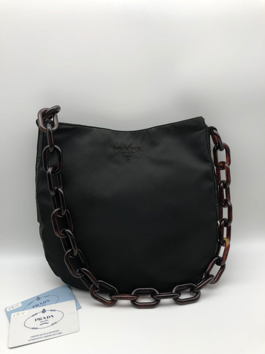 Authentic Prada Charcoal Black Nylon Brown Acrylic Chain Strap Shoulder Bag