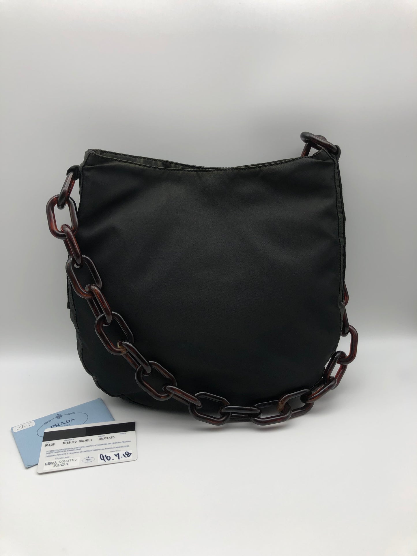 Authentic Prada Charcoal Black Nylon Brown Acrylic Chain Strap Shoulder Bag