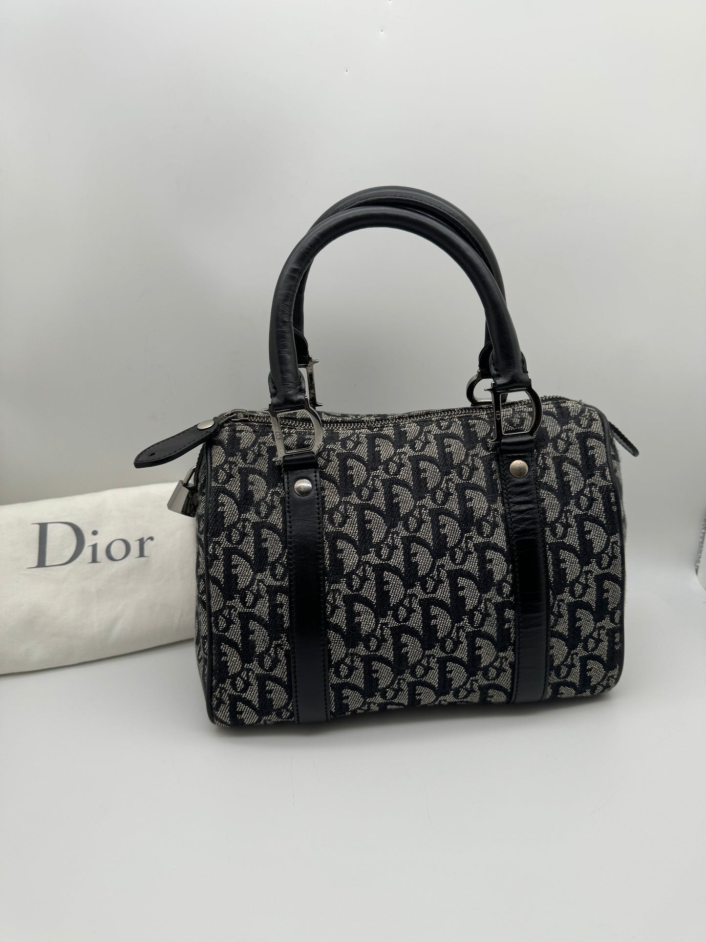 Authentic Christian Dior Boston 25 Black Trotter Jacquard Canvas Handbag