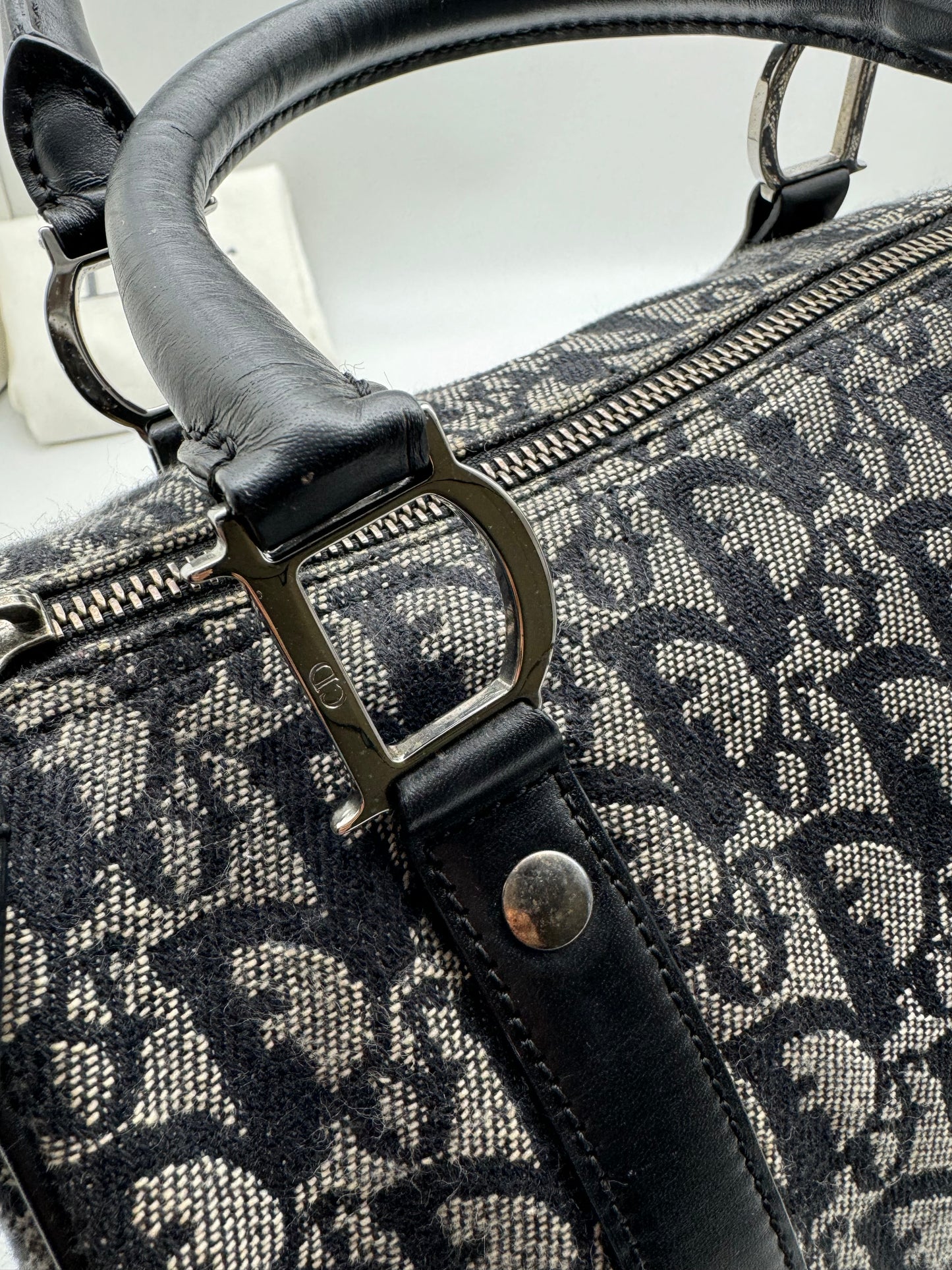 Authentic Christian Dior Boston 25 Black Trotter Jacquard Canvas Handbag