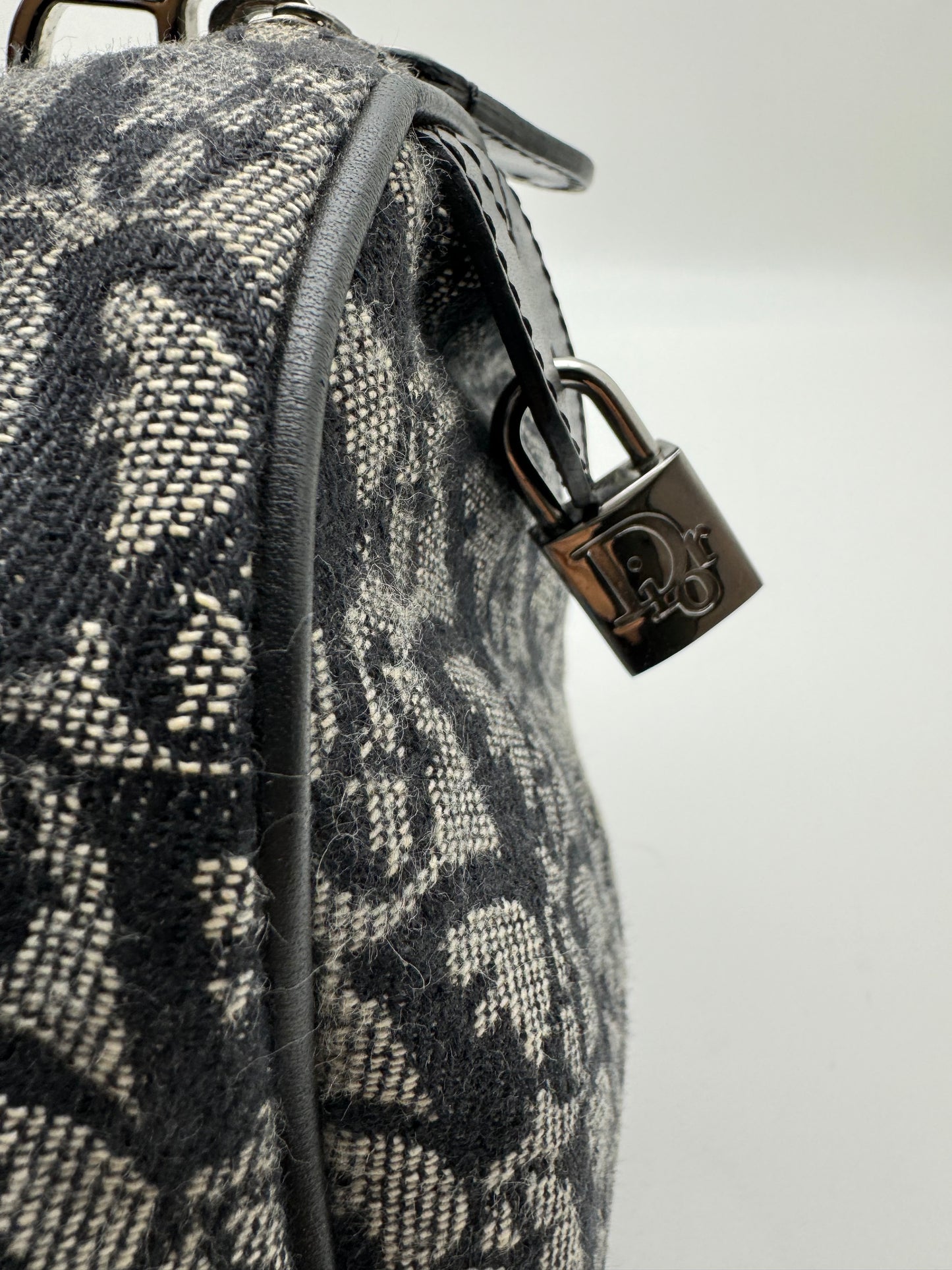 Authentic Christian Dior Boston 25 Black Trotter Jacquard Canvas Handbag
