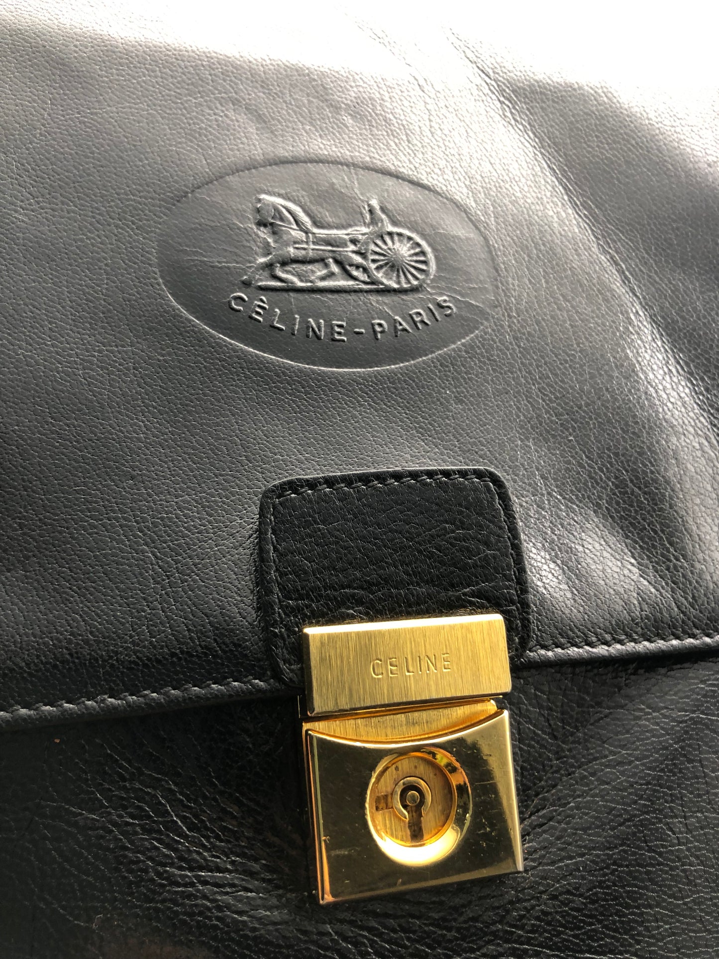 Authentic Celine Vintage Horse Carriage Black Leather Shoulder Bag