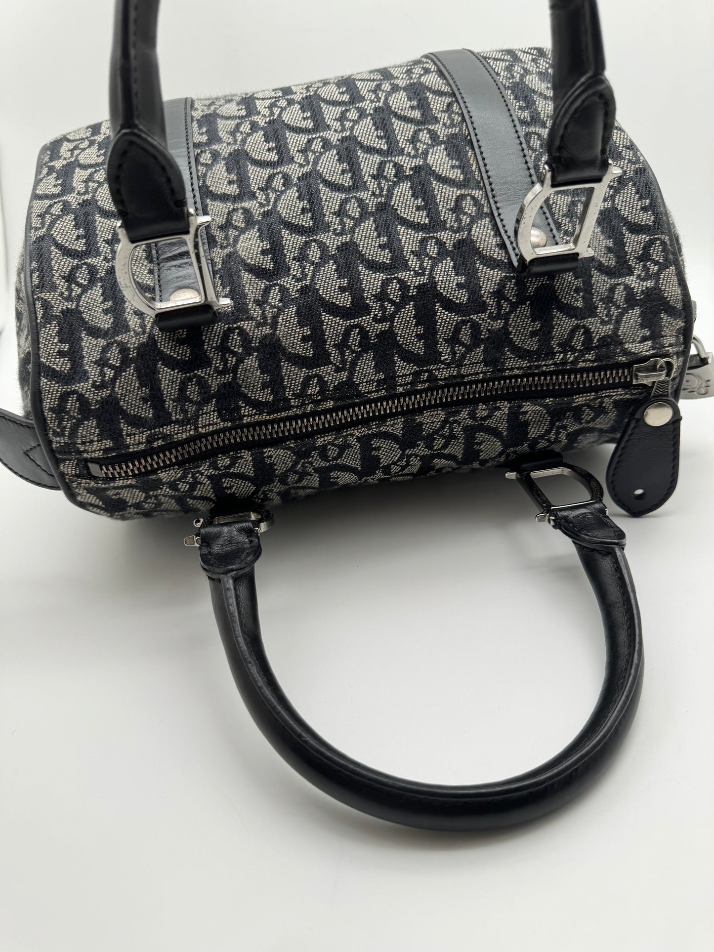 Authentic Christian Dior Boston 25 Black Trotter Jacquard Canvas Handbag