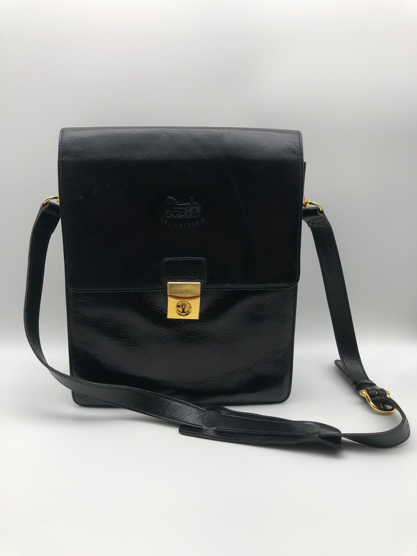 Authentic Celine Vintage Horse Carriage Black Leather Shoulder Bag