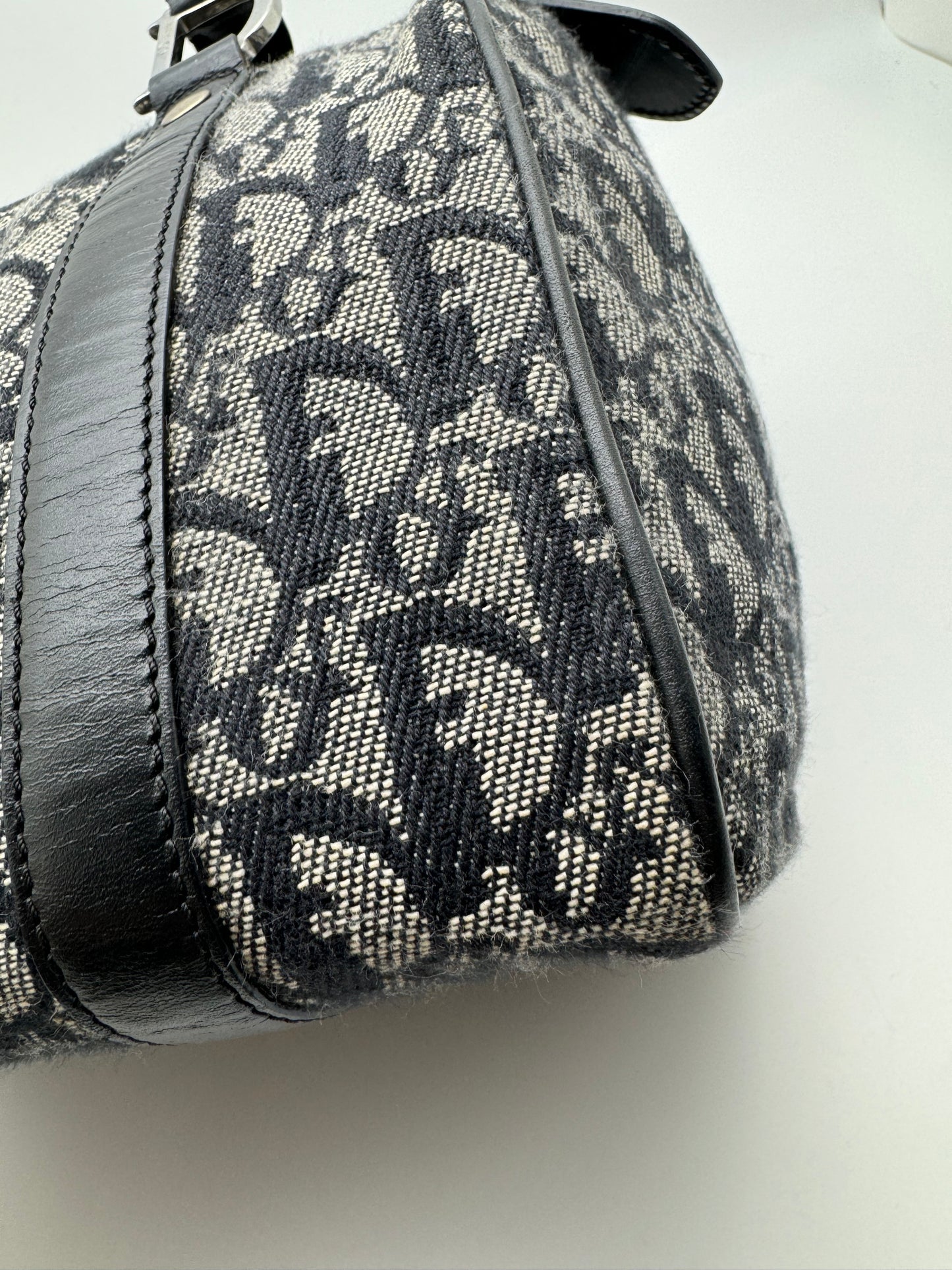 Authentic Christian Dior Boston 25 Black Trotter Jacquard Canvas Handbag