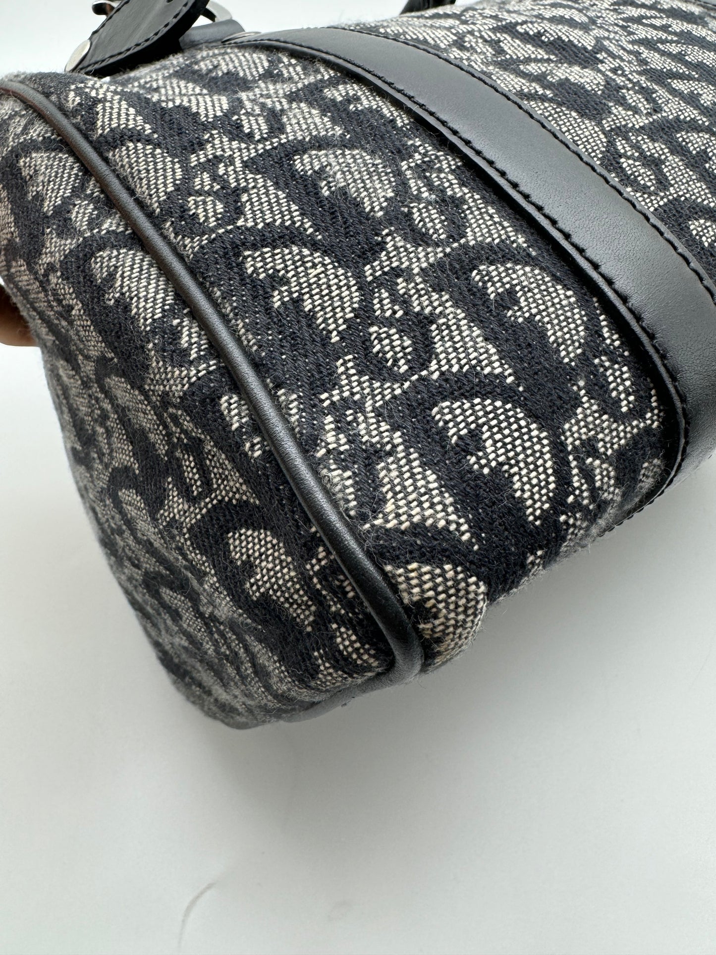 Authentic Christian Dior Boston 25 Black Trotter Jacquard Canvas Handbag