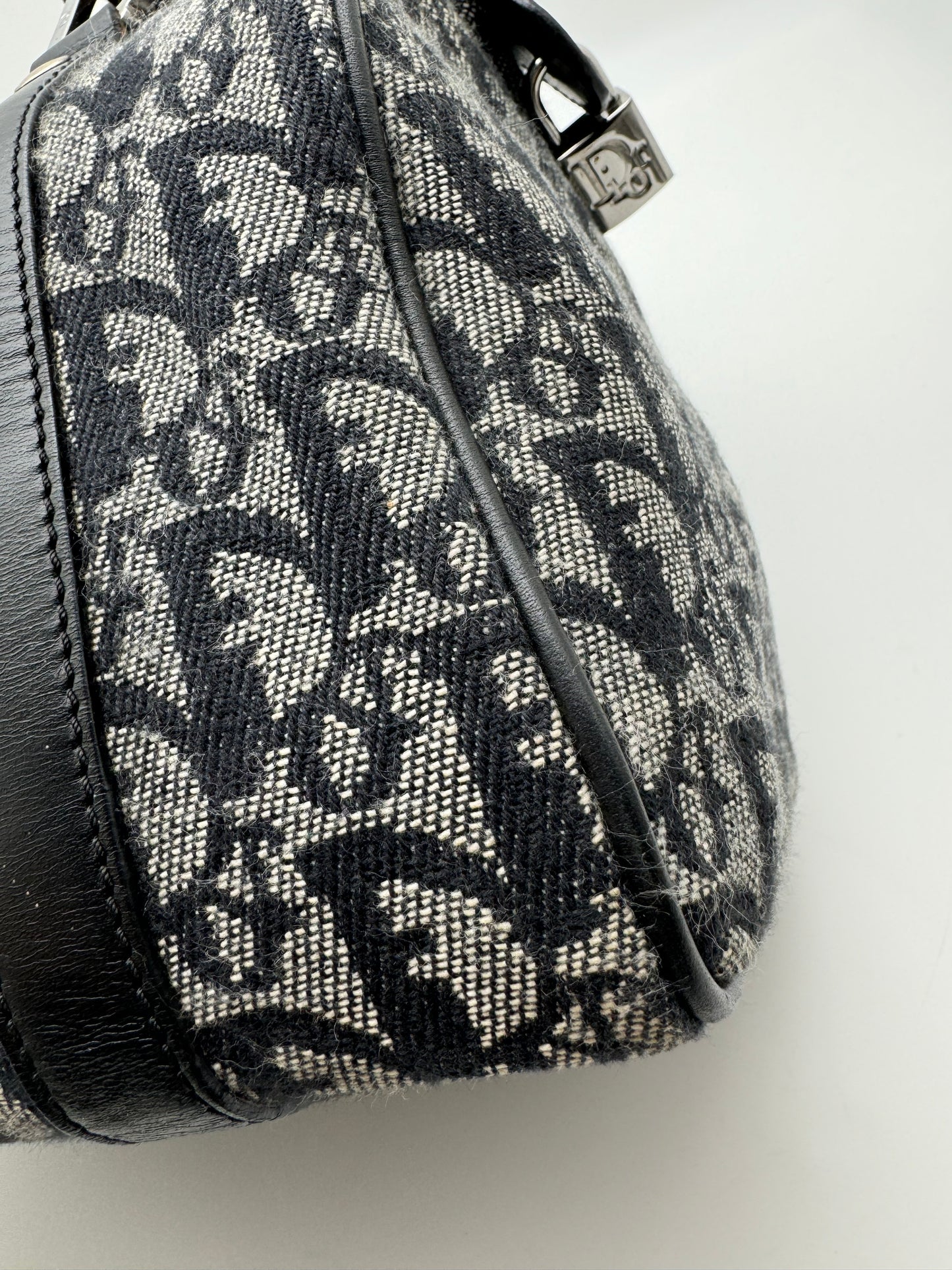 Authentic Christian Dior Boston 25 Black Trotter Jacquard Canvas Handbag