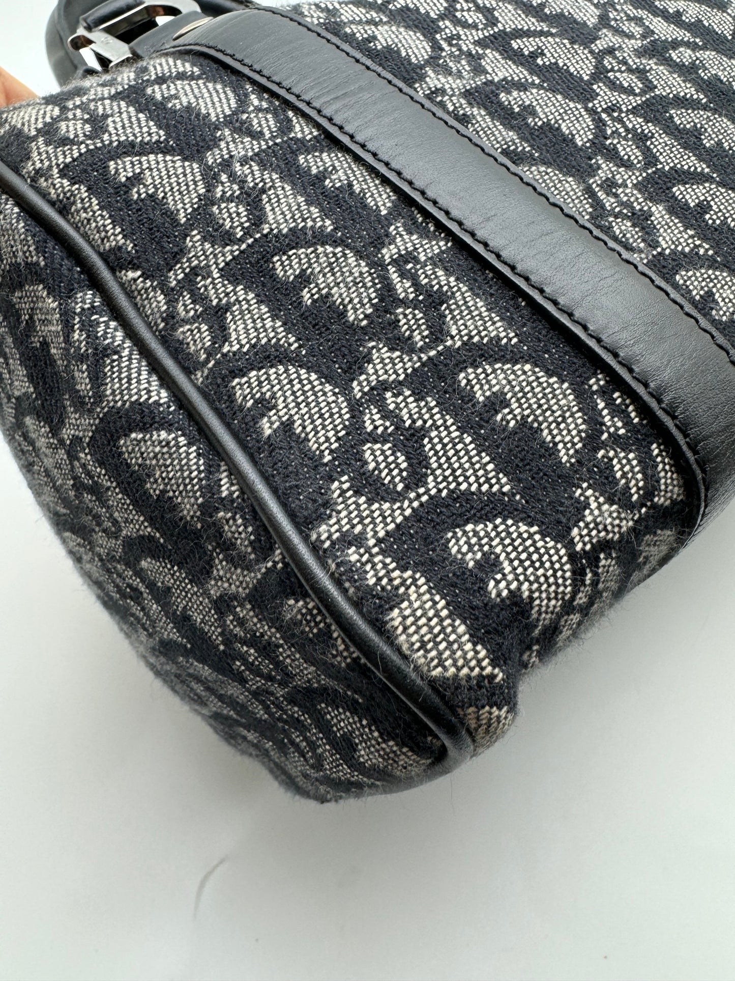 Authentic Christian Dior Boston 25 Black Trotter Jacquard Canvas Handbag