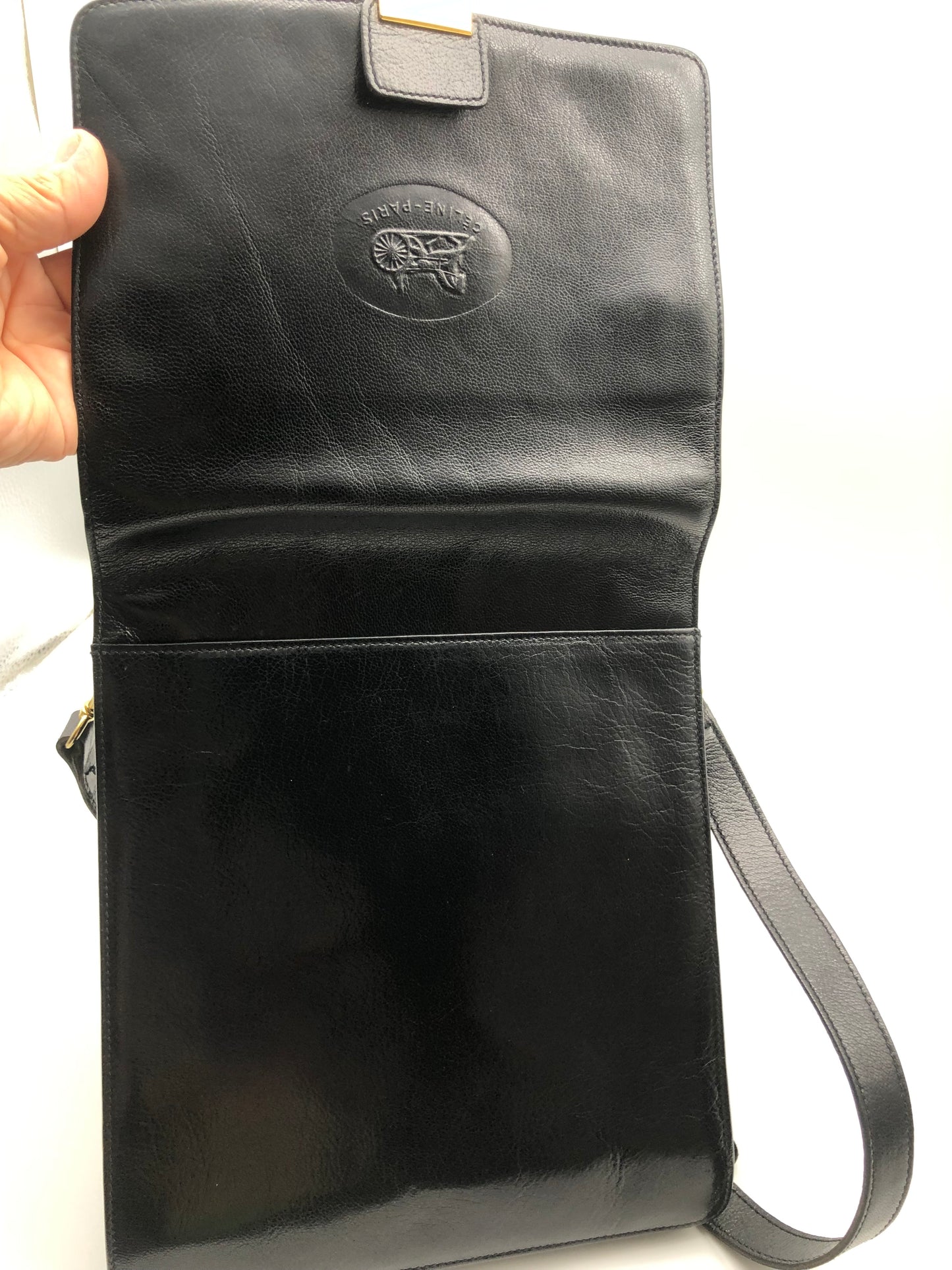 Authentic Celine Vintage Horse Carriage Black Leather Shoulder Bag