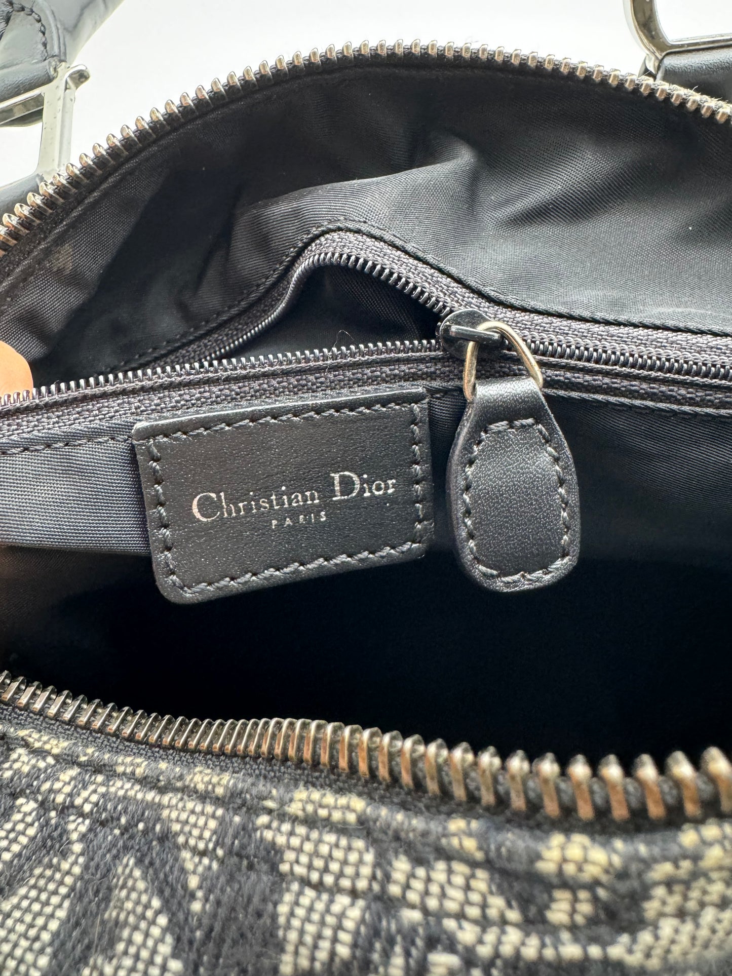 Authentic Christian Dior Boston 25 Black Trotter Jacquard Canvas Handbag