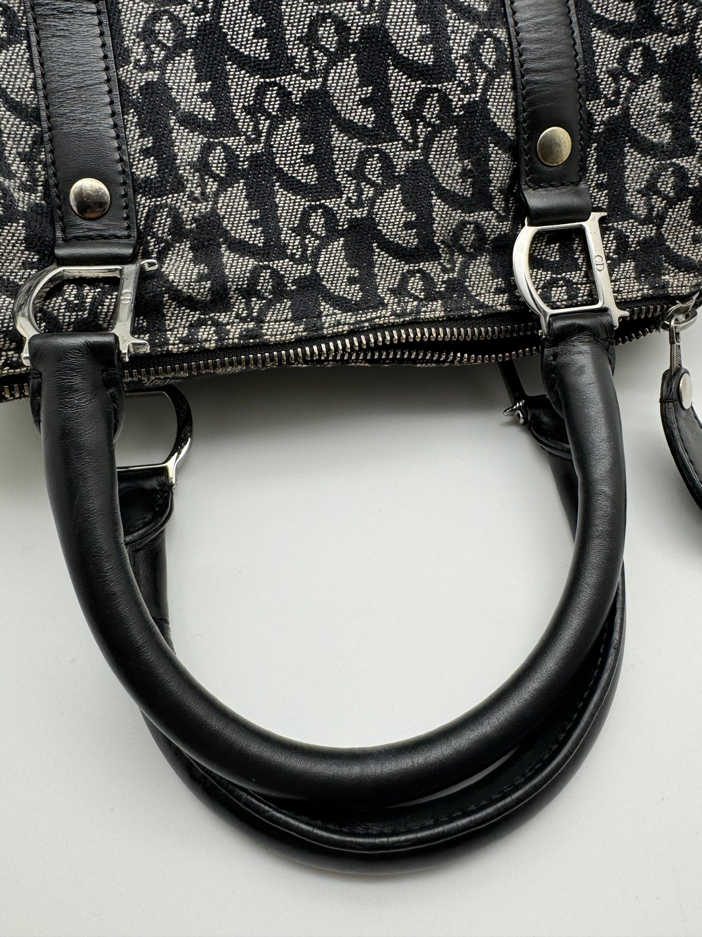 Authentic Christian Dior Boston 25 Black Trotter Jacquard Canvas Handbag