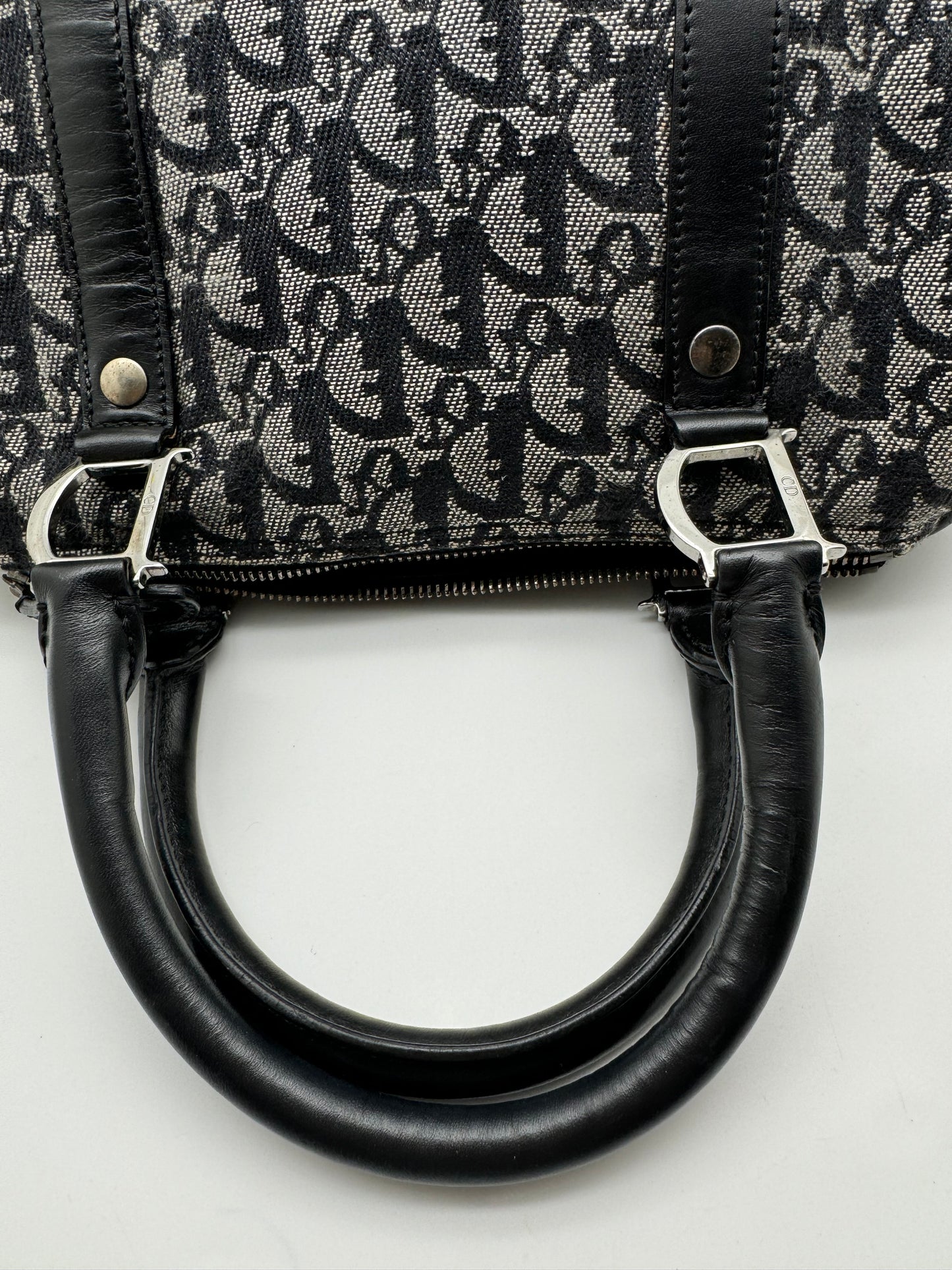 Authentic Christian Dior Boston 25 Black Trotter Jacquard Canvas Handbag