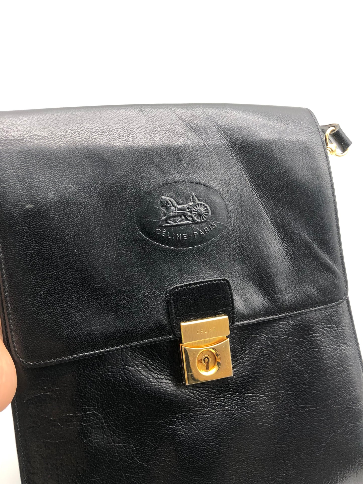 Authentic Celine Vintage Horse Carriage Black Leather Shoulder Bag