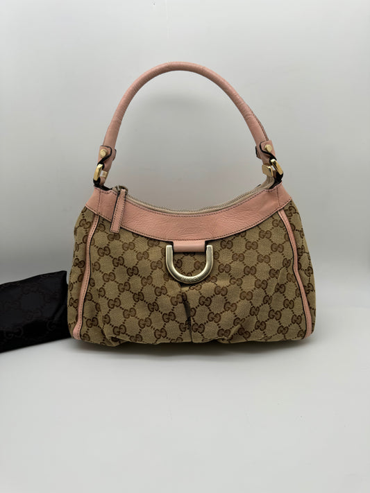 Authentic Gucci Abby D-Ring Hobo Brown Monogram Pink Leather Shoulder Bag