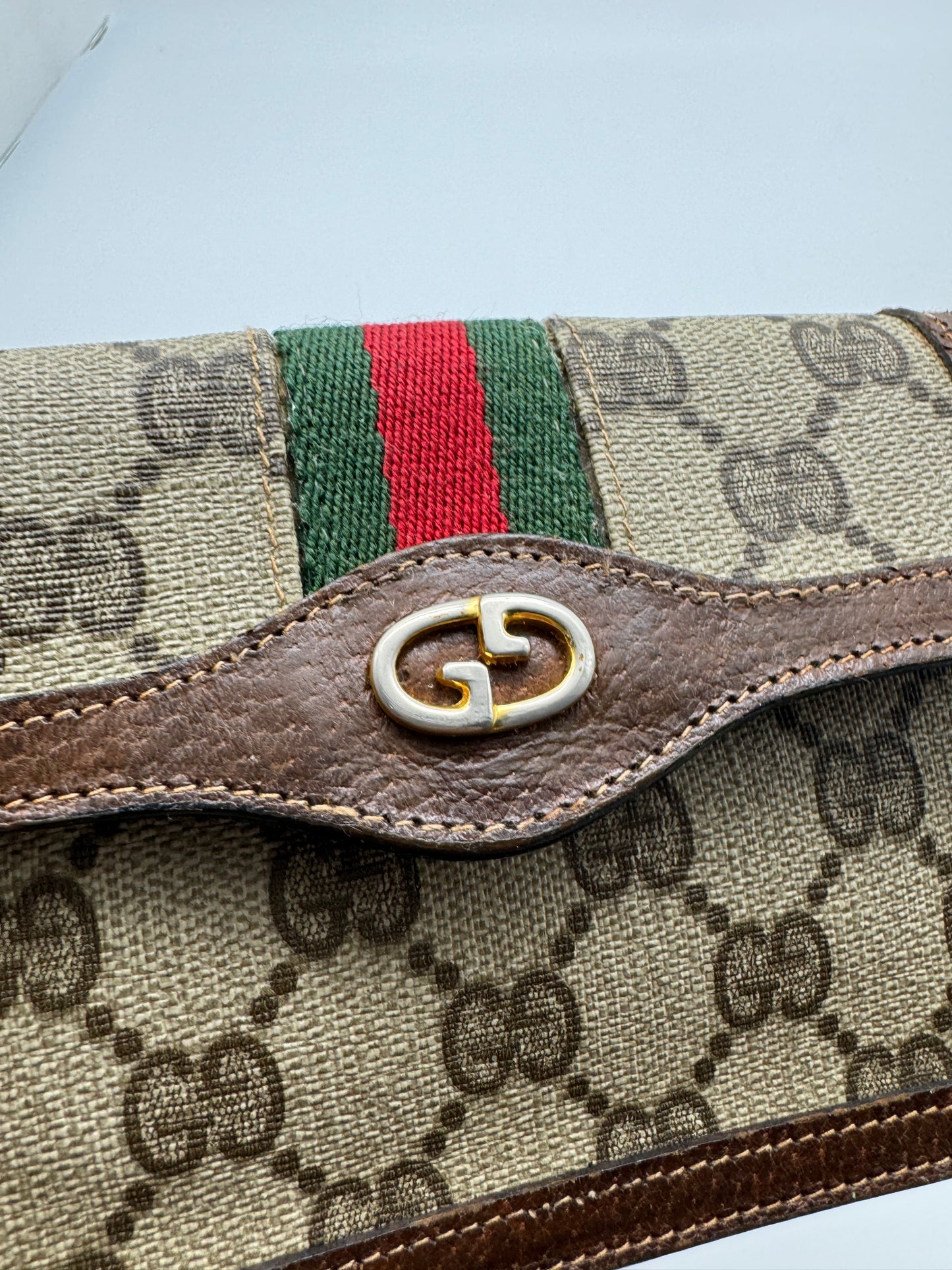Authentic Gucci Parfums Vintage Mini Clutch Brown Sherry Line Added Strap Crossbody Belt Bag