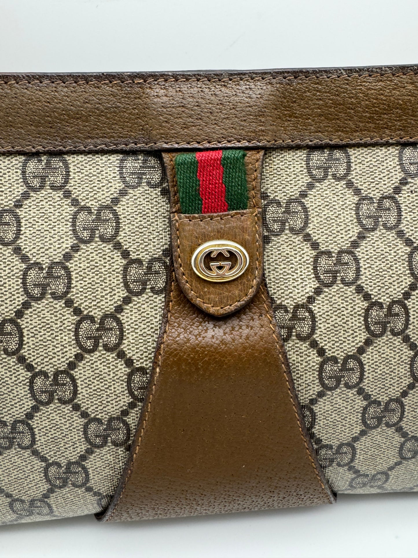 Authentic GUCCI Large Clutch GG Monogram Coated Canvas Added Strap Shoulder/Crossbody Bag