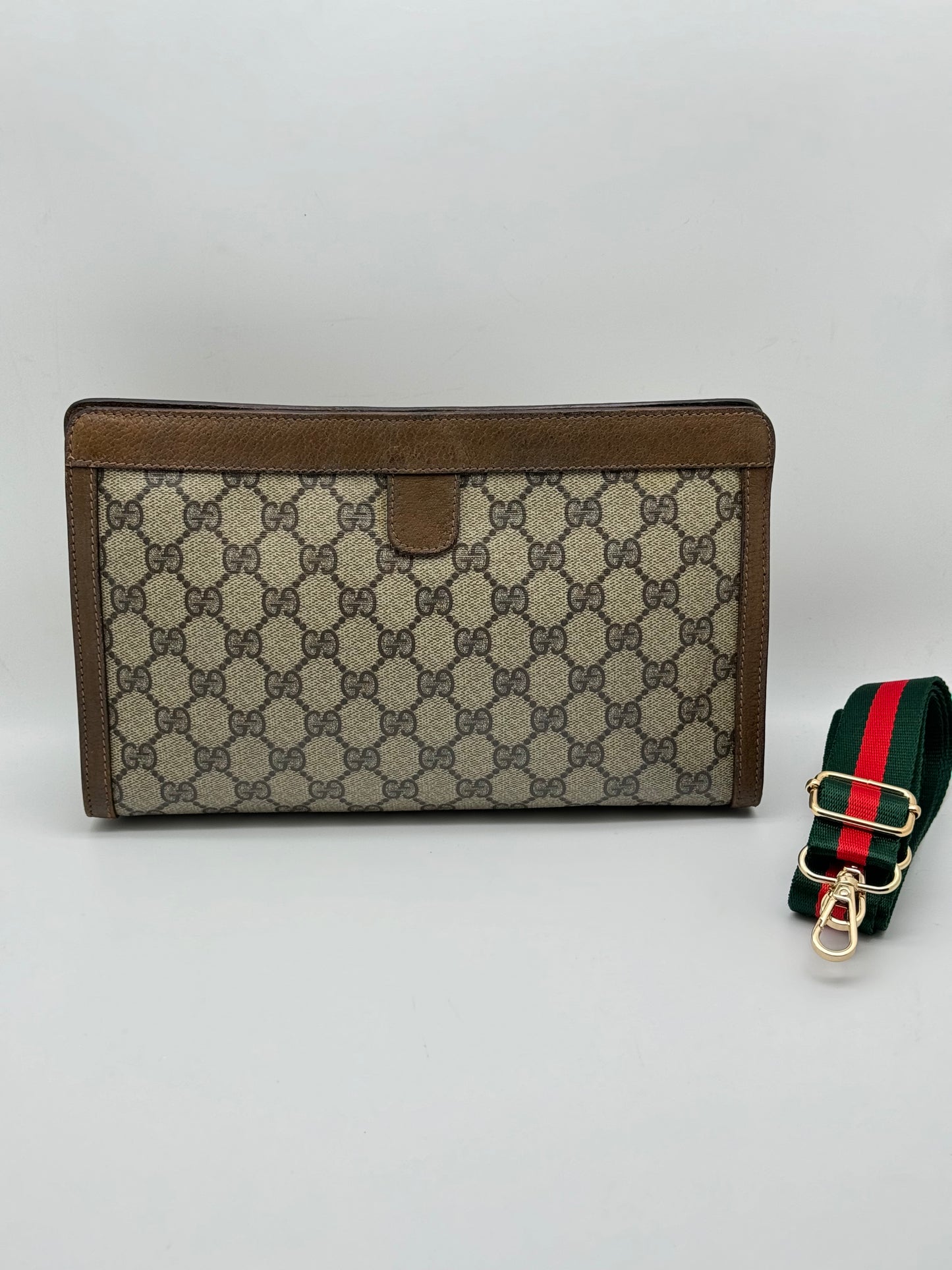 Authentic GUCCI Large Clutch GG Monogram Coated Canvas Added Strap Shoulder/Crossbody Bag