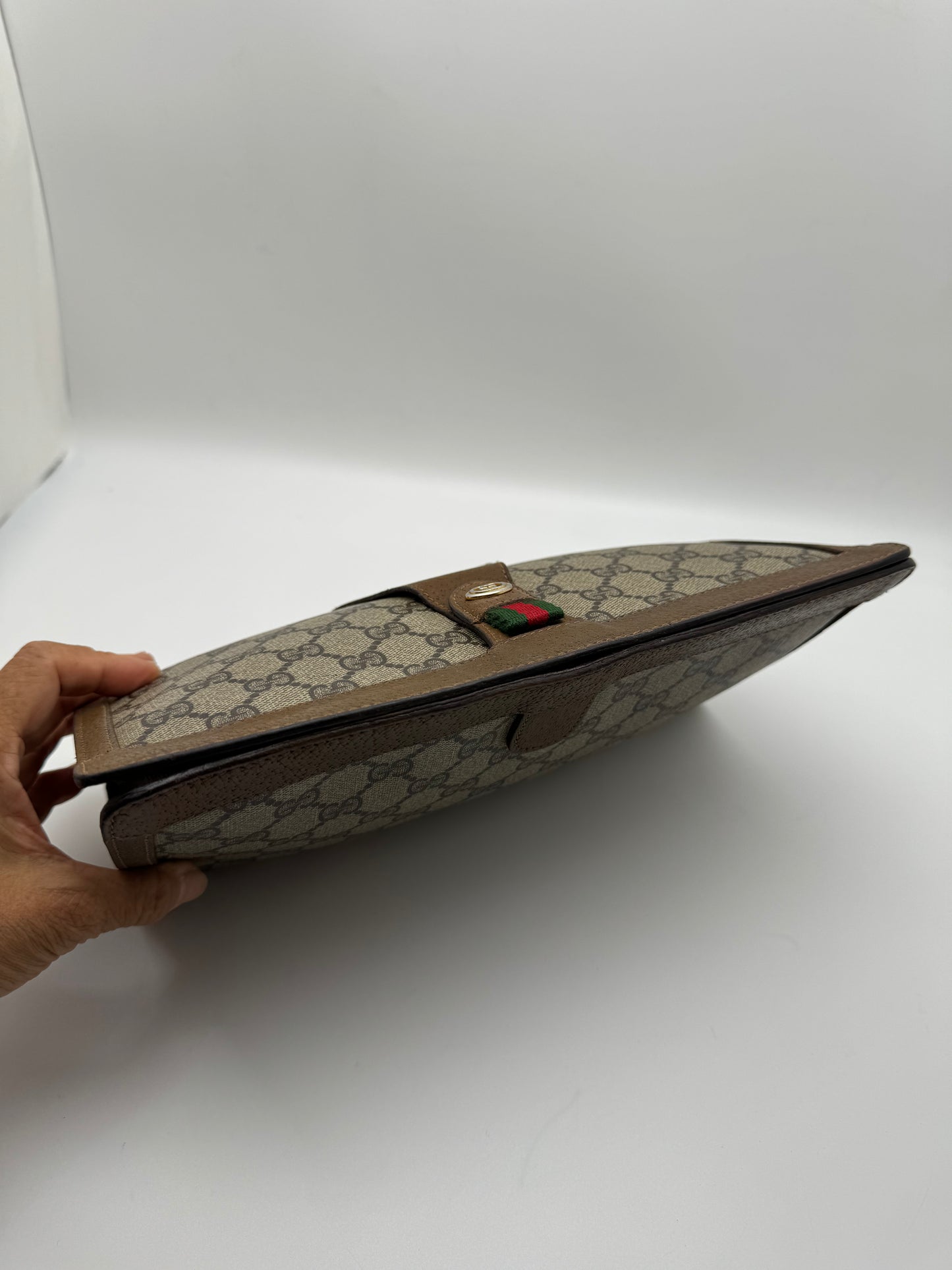 Authentic GUCCI Large Clutch GG Monogram Coated Canvas Added Strap Shoulder/Crossbody Bag