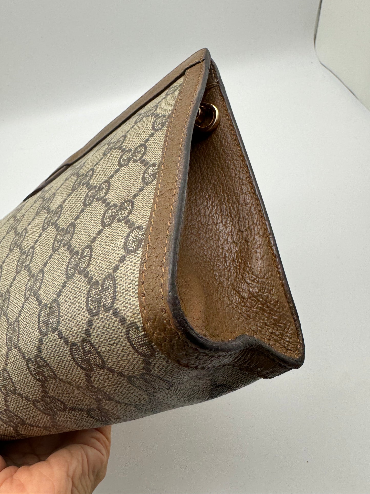 Authentic GUCCI Large Clutch GG Monogram Coated Canvas Added Strap Shoulder/Crossbody Bag