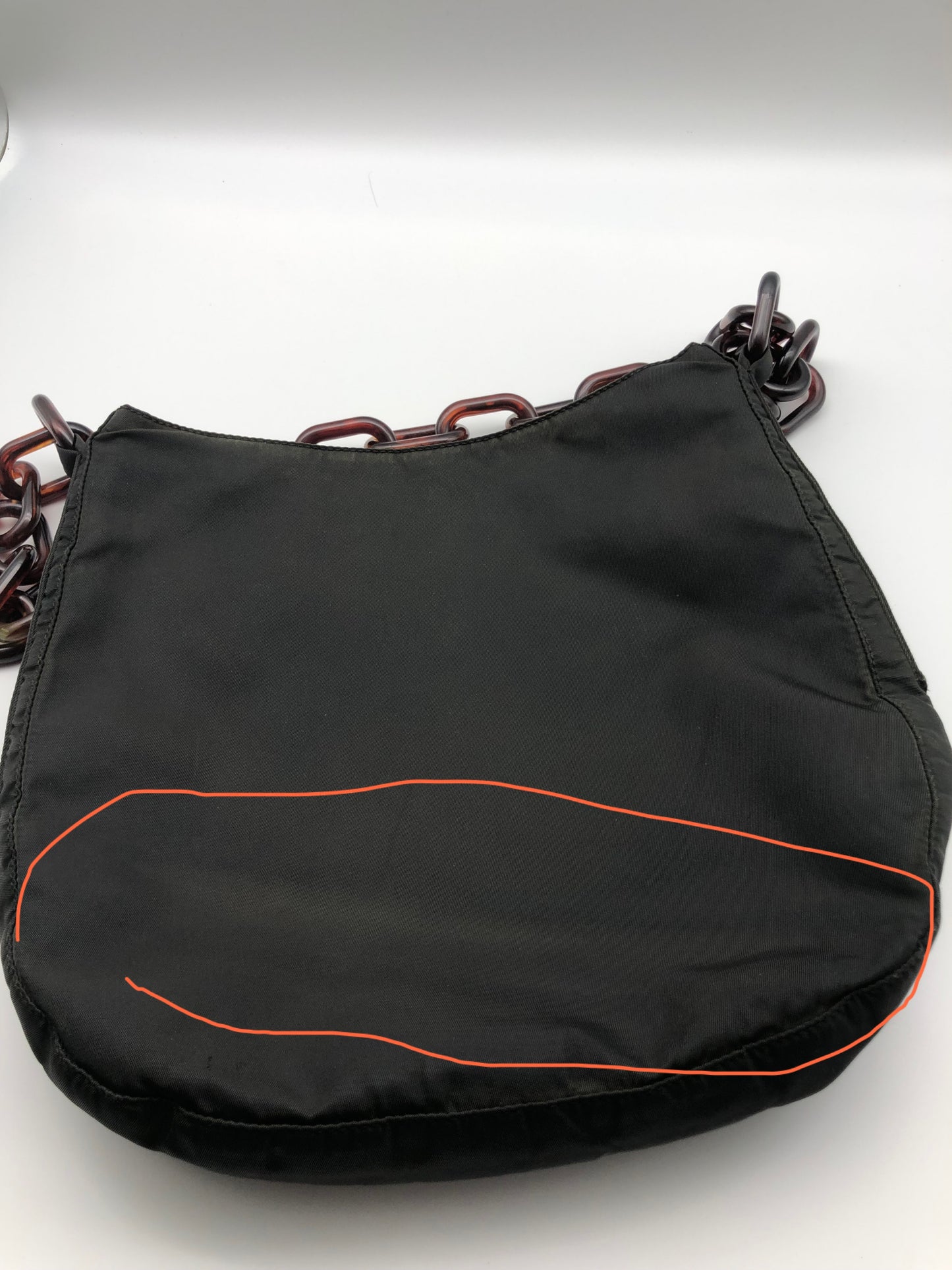 Authentic Prada Charcoal Black Nylon Brown Acrylic Chain Strap Shoulder Bag