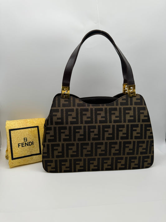Authentic Fendi Vintage Brown FF Zucca Jacquard Cloth Handbag