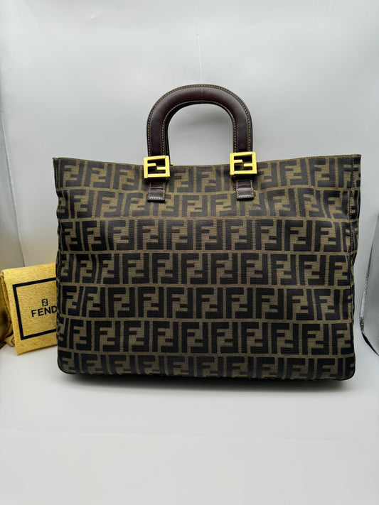 Authentic Fendi Brown FF Zucca Jacquard Cloth Large Tote Handbag