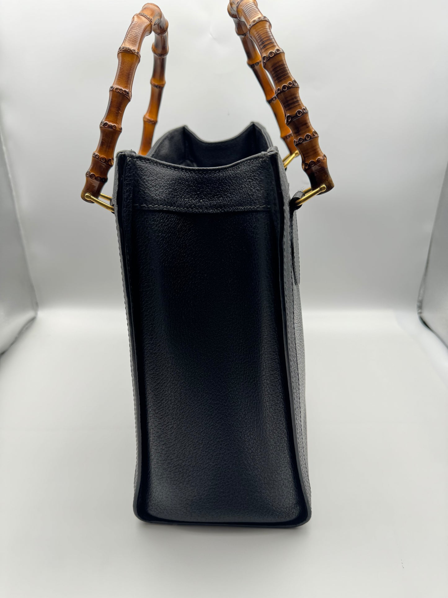 Authentic GUCCI Vintage Bamboo Handles Black Leather Diana Tote