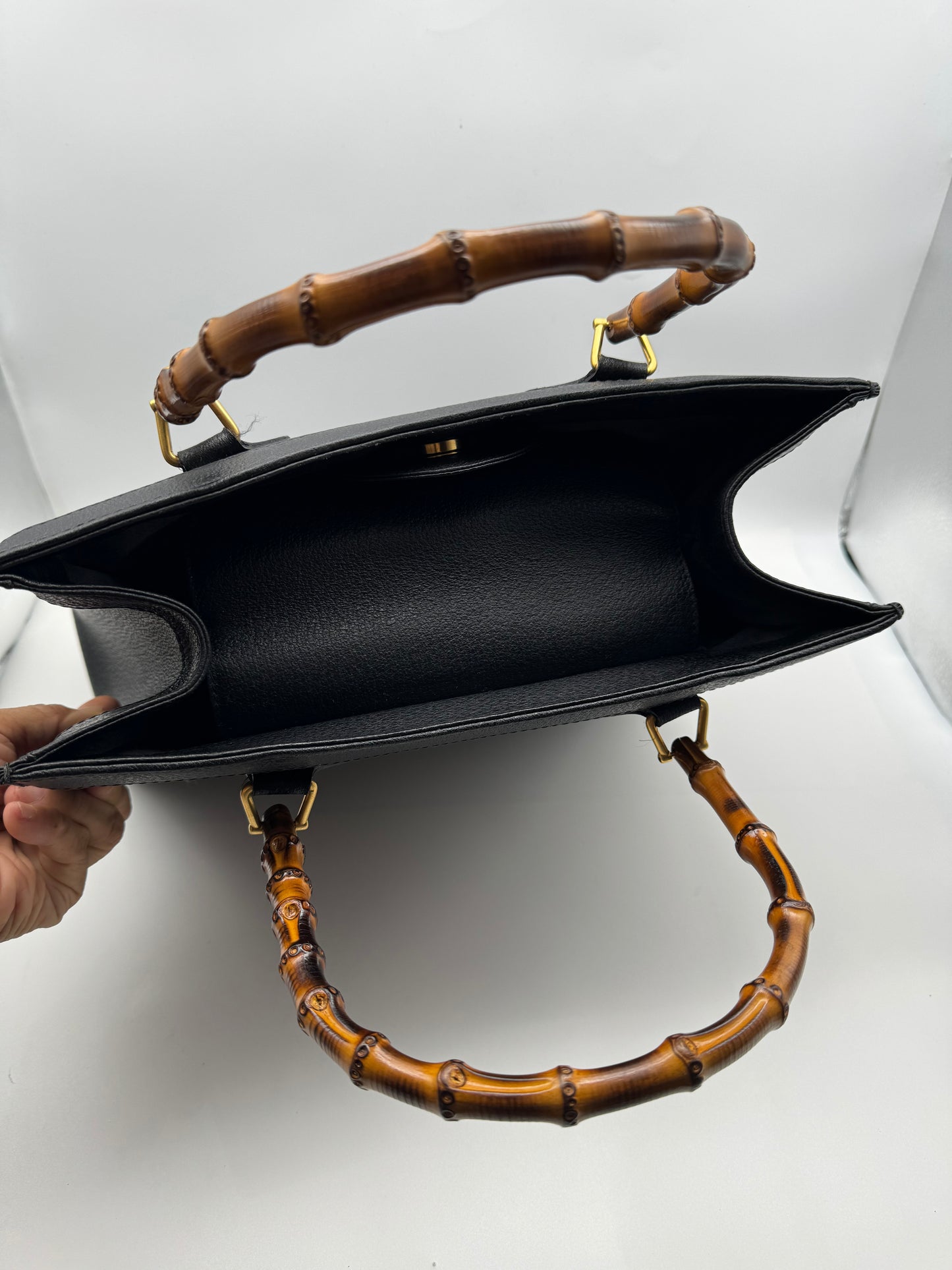 Authentic GUCCI Vintage Bamboo Handles Black Leather Diana Tote