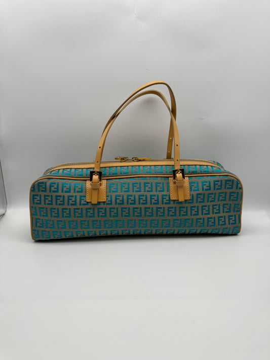 Authentic Fendi Ocean Blue FF Zucca Jacquard Cloth Handbag
