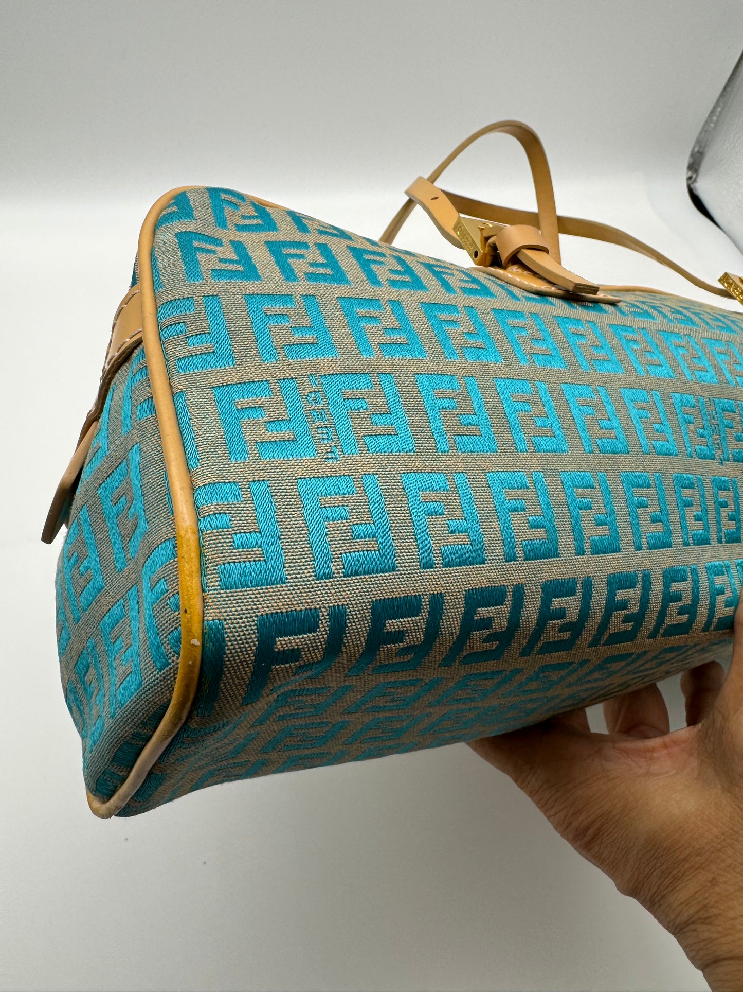 Authentic Fendi Ocean Blue FF Zucca Jacquard Cloth Handbag