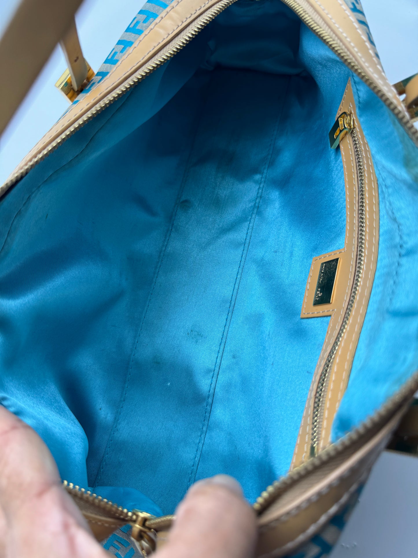 Authentic Fendi Ocean Blue FF Zucca Jacquard Cloth Handbag