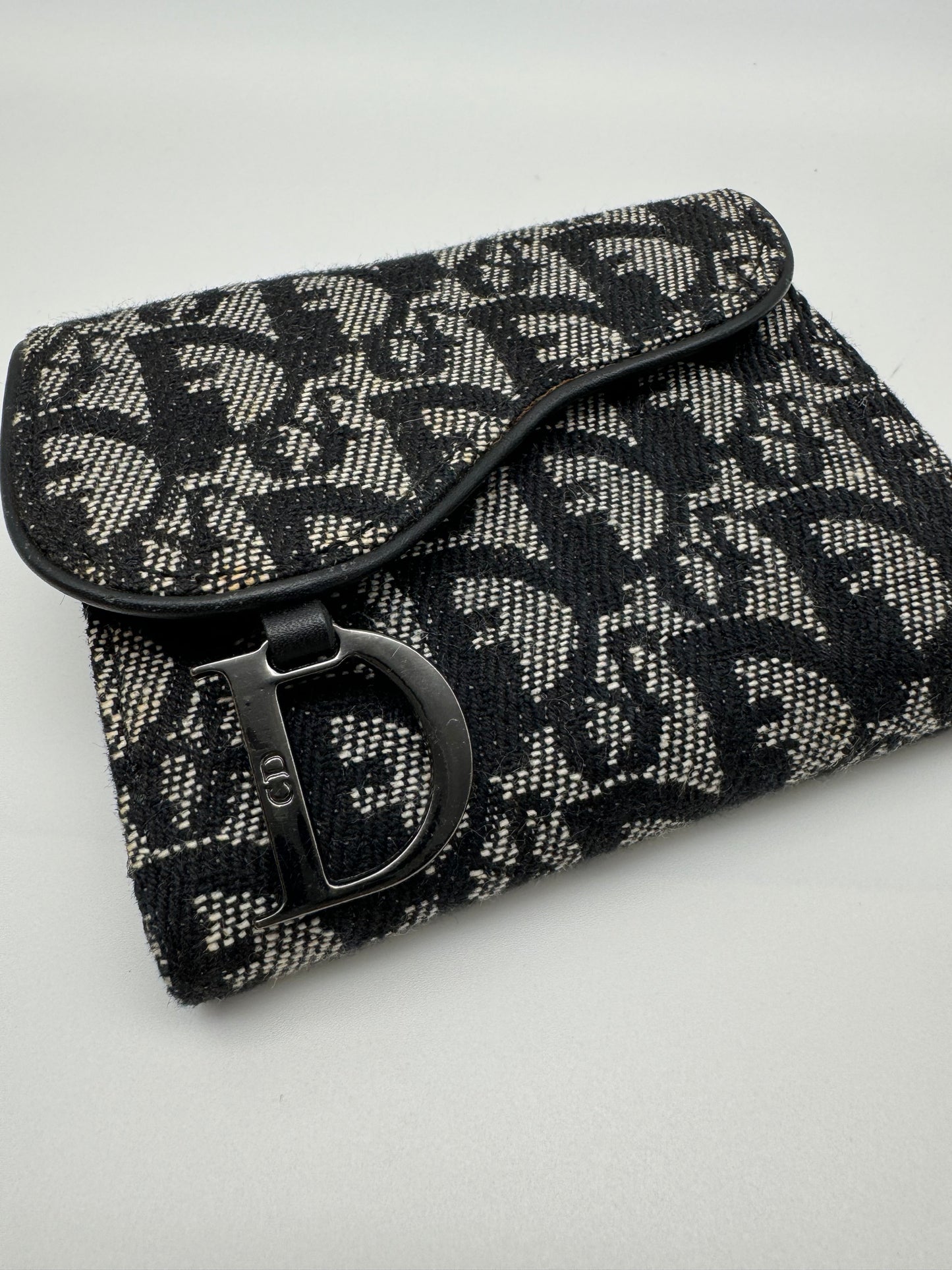 Authentic Christian Dior Saddle Short Wallet Black Trotter Jacquard Cloth