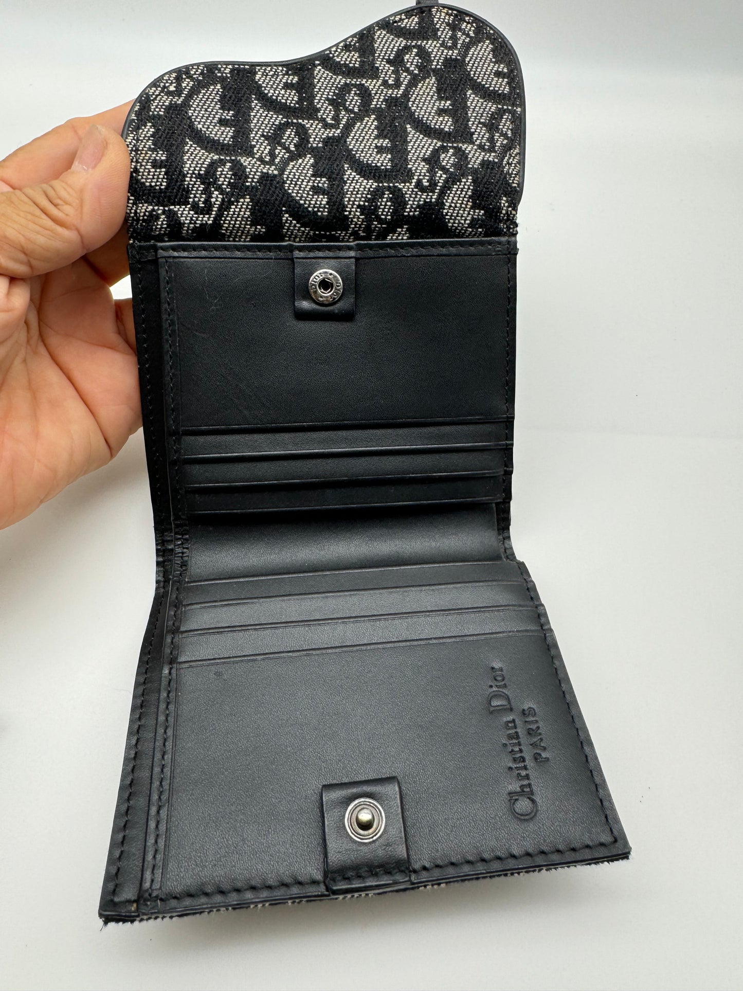 Authentic Christian Dior Saddle Short Wallet Black Trotter Jacquard Cloth