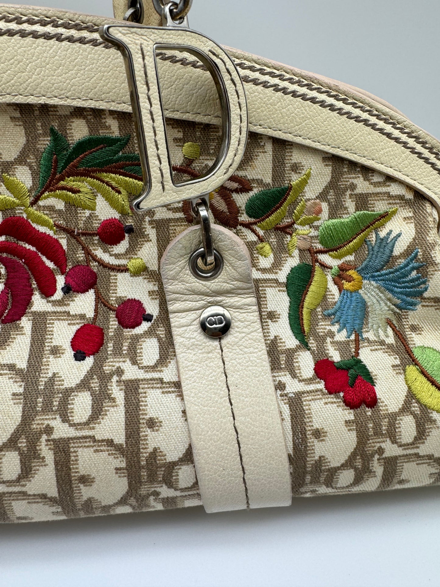 Authentic Christian Dior Beige Trotter Cloth Multi-Color Embroidered Floral Bowler Bag
